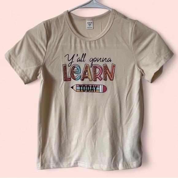 Girls Size 7 Short Sleeve Cream & Multicolored Yall Gonna Learn Today T-Shirt - Picture 1 of 7
